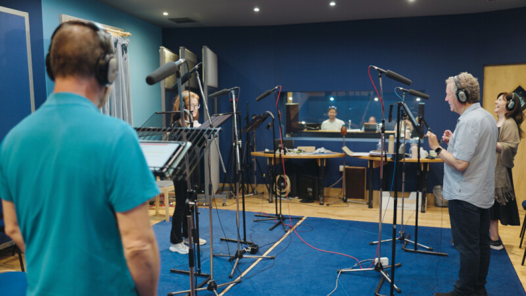 Tim Treloar, Sadie Miller, Jon Culshaw and Daisy Ashford recording in studio